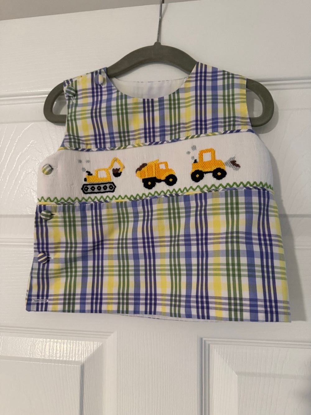 Dovie Jane Yellow & Blue Plaid Smocked boys Top with Construction Trucks - 9 mo